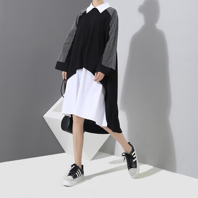 

Quzihua 2018 Casual Style Boot Cut Dress Geometric Two-piece Black And White Dress