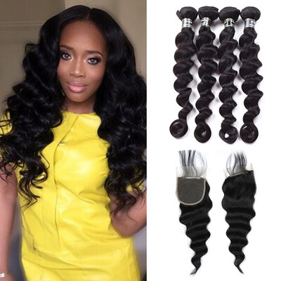 

7A Malaysian Hair 4 Bundles With 4x4 Closure Loose Wave Hair Gorgeous Unprocessed Virgin Hair Extremely Cheap Shedding Free