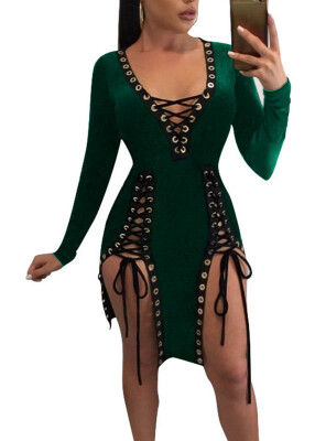 

Bigood Women Occident Deep V Split Lace-up Bodycon Dress Mini Skirt