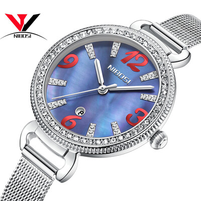 

NIBOSI Женские часы Мода Lady Watch Роскошный бренд кварцевые наручные часы Золотой водонепроницаемый хрусталь платье сетки ремешок Relogio Feminino