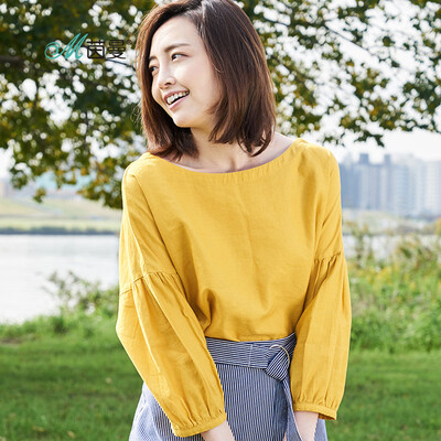 

INMAN literary art two long sleeves V-neck cotton&linen pullover shirt female 18810VP11064 apricot yellow M