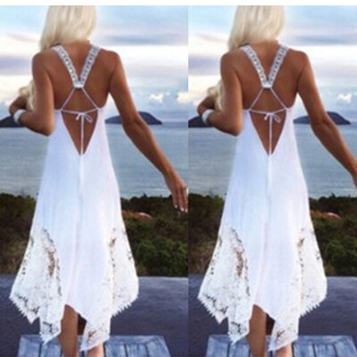 

Try Everything Backless Sexy Dress Women Summer 2018 Plus Size Lace Dress Women White Loose Splicing Irregular Long Dress Summer