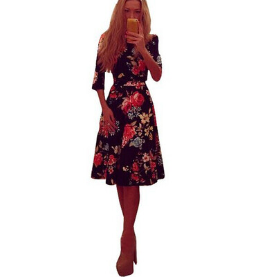 

Lovaru ™summer new fashion women print elegance dresses female round neck half sleeve knee length A line polyester dresses