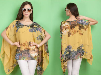 

Цветочные Женщины Летний Batwing рукавом Loose шифон Топ футболки Блузка US Stock