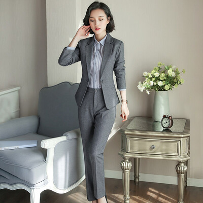 

Long Yue womens spring&autumn professional wear suit jacket shirt western skirt trousers OL work interview uniform striped long-sleeved suit professional suit LWXF181508 gray trousers