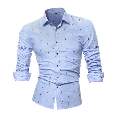 

Spring Mens Casual Shirt Printed Slim Fit Lapel Tops