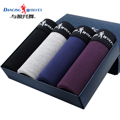 

Dancing with wolves mens underwear mens boxers waist blue fine viscose boxer sweat-absorbent breathable pants 4 pieces 3124 gift box