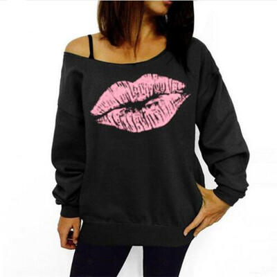 

2018 New Women Brand Fashion Sweatshirts Female Sexy Red Big Lips Printed Off Shoulder Long-Sleeved Pullovers Hoodies