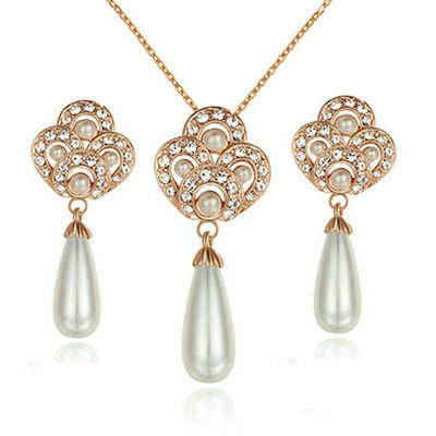 

Yoursfs® 18K Rose Gold Plated Chinoiserie Double Happiness Pearl Necklace and Earring Use Austrian Crystal Bridal Jewelry Set