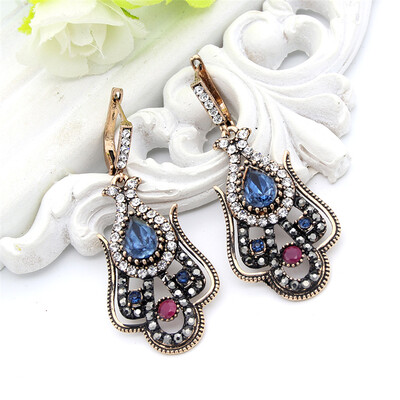 

Vintage Turkish Women Blue Resin Tulips Flower Long Hook Earring Antique Gold Color Hollow Arabesque Ethnic Earring India Bijoux
