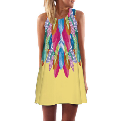 

Summer Dress Women Feather Print Vintage 3D Dress Sleeveless Boho Style Short Beach Dress 6 colors