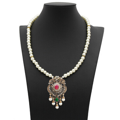 

Vintage Flower Strand Bead Pendant Necklace Set Women Antique Simulated-pearl Chain Turkish Bridal Indian Wedding Resin Jewelry