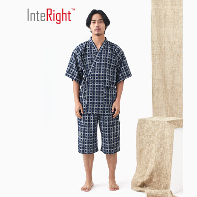 

INTERIGHT home service mens cotton double-layer gauze breathable Japanese home short robe blue XL