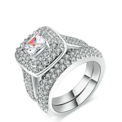 

Top Quality Luxury Fashion Engagement Ring 2 Pieces Sliver Color CZ Diamond Crystal Ring Sets For Women R709