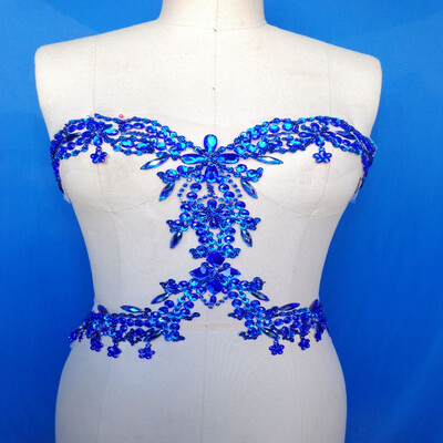 

New pure handmade sew on rhinestones applique deep blue 3430cm crystals patches for dress DIY accessories