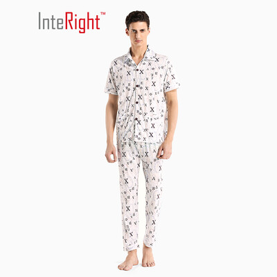 

INTERIGHT home service mens mens cotton print cool short-sleeved home service suit rice white coffee letter printing AM