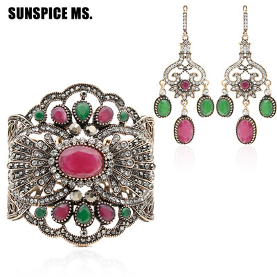 

Этнические турецкие женщины смолы браслет серьги ювелирные изделия устанавливает античный золото цвет широкий браслет манжеты длин