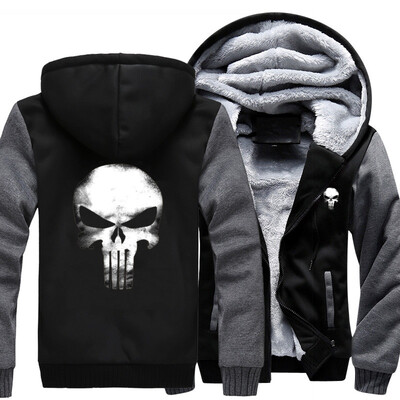 

New Winter Warm Hoodies Anime skull PUNISHER skull Hooded Coat Thick Zipper men cardigan Jacket Sweatshirt USA Size