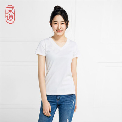 

JING ZAO Womens short-sleeved T-shirt Cotton V-neck Summer Soft Long-staple cotton