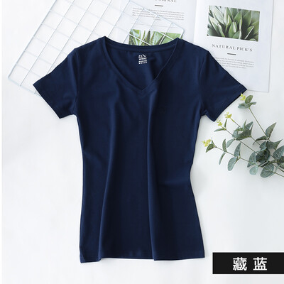 

Kangshu DaiShu solid color simple short-sleeved T-shirt ladies V-neck slim half-sleeved T-shirt tops wild cotton bottoming shirt Tibetan blue