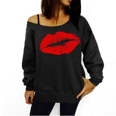 

2018 New Women Brand Fashion Sweatshirts Female Sexy Red Big Lips Printed Off Shoulder Long-Sleeved Pullovers Hoodies