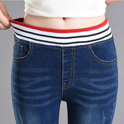

Spring Womens High Waist Jeans Pants Plus Size Elastic Waist Pencil Pants Slim Fit Long Jeans