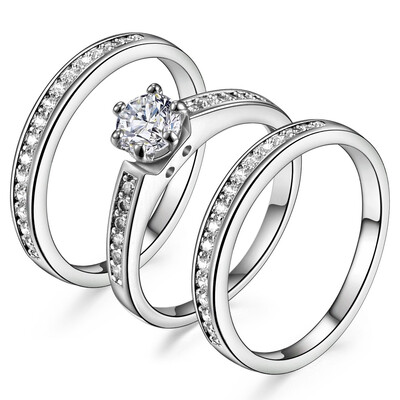 

New fashion 3 In 1 Inlay WhiteZircon 18K White Gold Plated wedding Rings for ladys