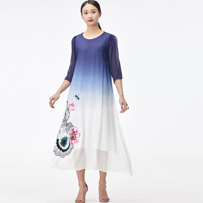 

2018 spring summer dresses women flower embroidery beach Bohemian style nature silk dress loose pregnant women vestidos big size