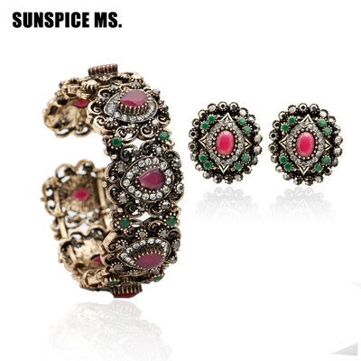 

Хорошая сделка Турецкая женская смола Bangle & Earrings Jewelry Устанавливает античный золотой цвет Упругий цветок Bangle Стад