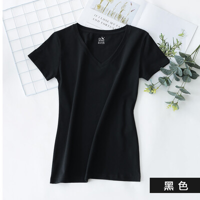 

Kangshu DaiShu solid color simple short-sleeved T-shirt ladies V-neck slim half-sleeve T-shirt tops wild cotton bottoming shirt black M