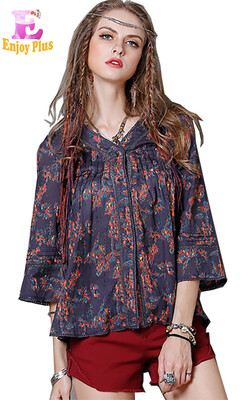 

M L High Quality chest 93-97cm vintage cotton new summer 2018 blouse women flare 34 sleeve flower print V neck casual lady