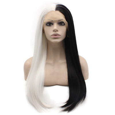 

Long Straight Half White Black Two Tone Synthetic Lace Front Wig