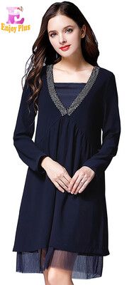 

XL XXL 3XL 4XL 5XL plus size office new autumn 2017 dress women long sleeve large size navy loose beading two piece sets lady