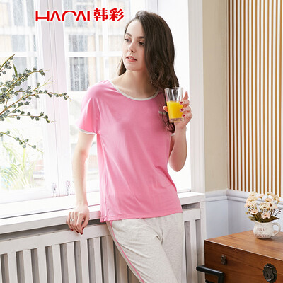 

Han Cai HACAI pajamas womens thin short-sleeved trousers modal cotton solid color simple home service suit orange powder 16085 M