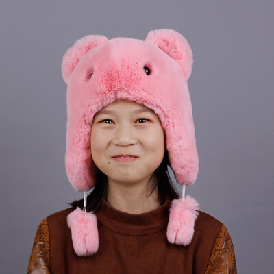 

New winter unisex children rex rabbit fur hat lovely Cartoon rabbit fur hat brim protective ear warm character earmuff hat caps