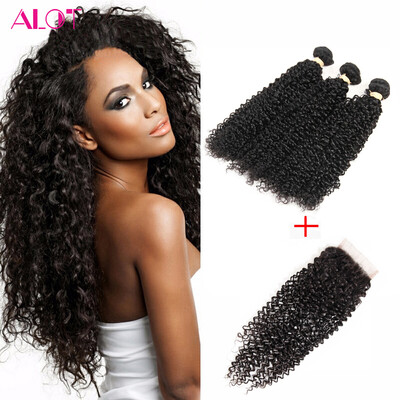 

Brazilian Curly Hair Weave 3 Bundles With Closure Free Part Brazilian Kinky Curly Virgin Hair Alot Hair Products Human Hair Weave
