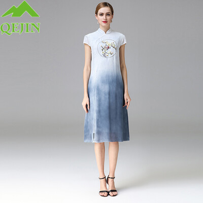 

Women preppy style dresses nature silk crepe beach dresses embroidery flora High Quality plus sizes XXL split ends Gradient Blue