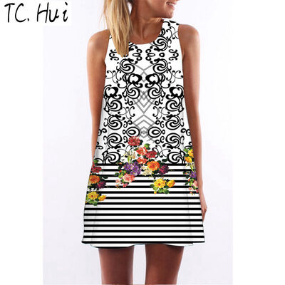 

2018 new trend fashion digital printing round neck strapless dress