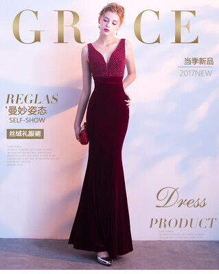 

Handmade beaded decoration Velvet A-Line Off-The-Shoulder V-Neck sequins Slim shoulder fishtail evening dress banquet skirt