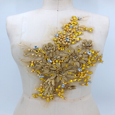 

Three-dimensional flower light golden lace applique with sew on beads rhinestones trim patches 3823cm for dress accessory