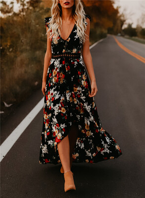 

Womens Deep V-Neck Floral Chiffon Maxi Dress