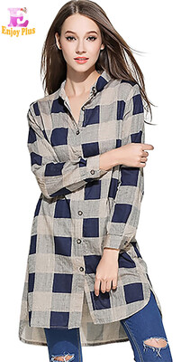 

XL - 5XL грудь новый 2018 длинный плед хлопок белье блуза женщина плюс размер длинный рукав свободные случайные рубашки