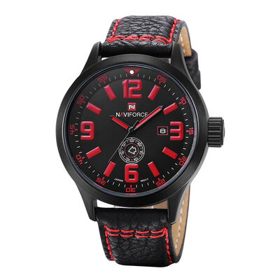 

Naviforce Mens Waterproof Quartz Wrist Watch Leather Strap Black Red