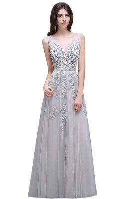 

Lace A-line Long Evening Prom Formal Dresses V-neck Party Pageant Bridesmaid Gown 2018