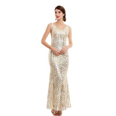 

CAZDZY Scoop Neck Zipper-Up Sequins Mermaid Evening Dress