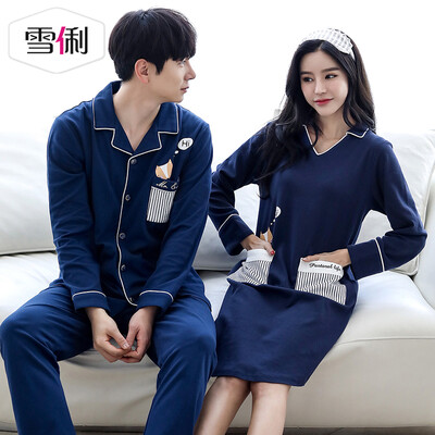

Snowy spring cotton couple pajamas sexy V-neck women nightdress sports can wear mens long-sleeved cotton suit mens blue XL