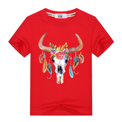 

Дети Разноцветные перья Бык печати Печать футболки Национальные хлопчатобумажные летние майки 100% Хлопок Baby Girl Симпатичные жи