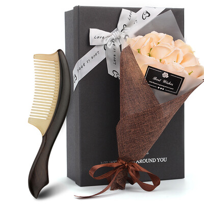 

Creative art wedding anniversary birthday gift girl wife friend ebony horns comb soap bouquet rose gift box HY01