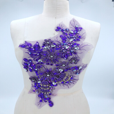 

Three-dimensional flower purple lace applique with sew on beads rhinestones trim patches 3823cm for dress accessory