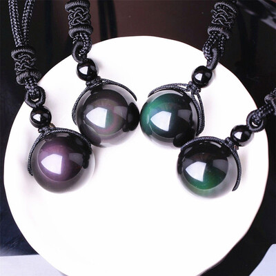 

Black Obsidian Rainbow Eye Beads Ball Natural Stone Necklace Pendant Transfer Lucky Love Crystal Jewelry Free Rope For Women Men